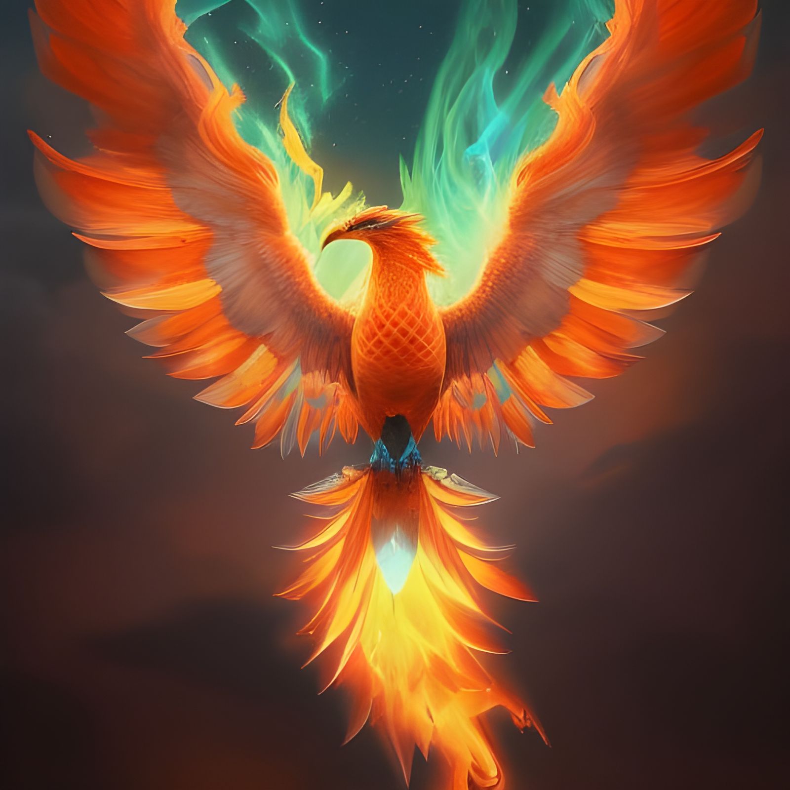 Fiery Phoenix Bird Illustration in Orange and Teal