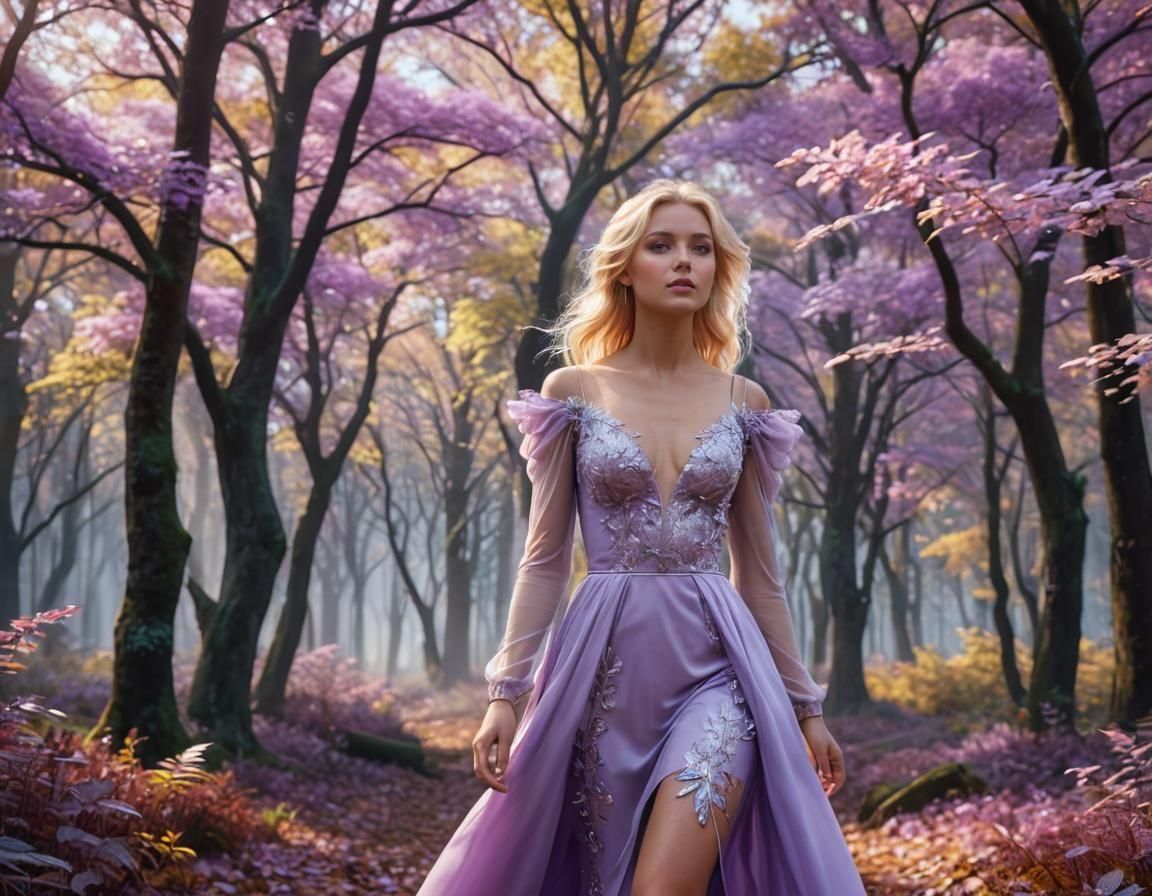 Walk in the forest in a lilac dress