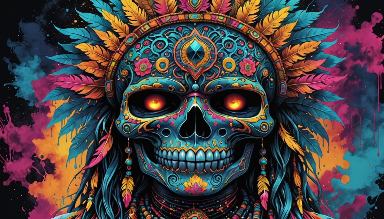 Sacred Geometry Sugar Skull in Glitchcore Style