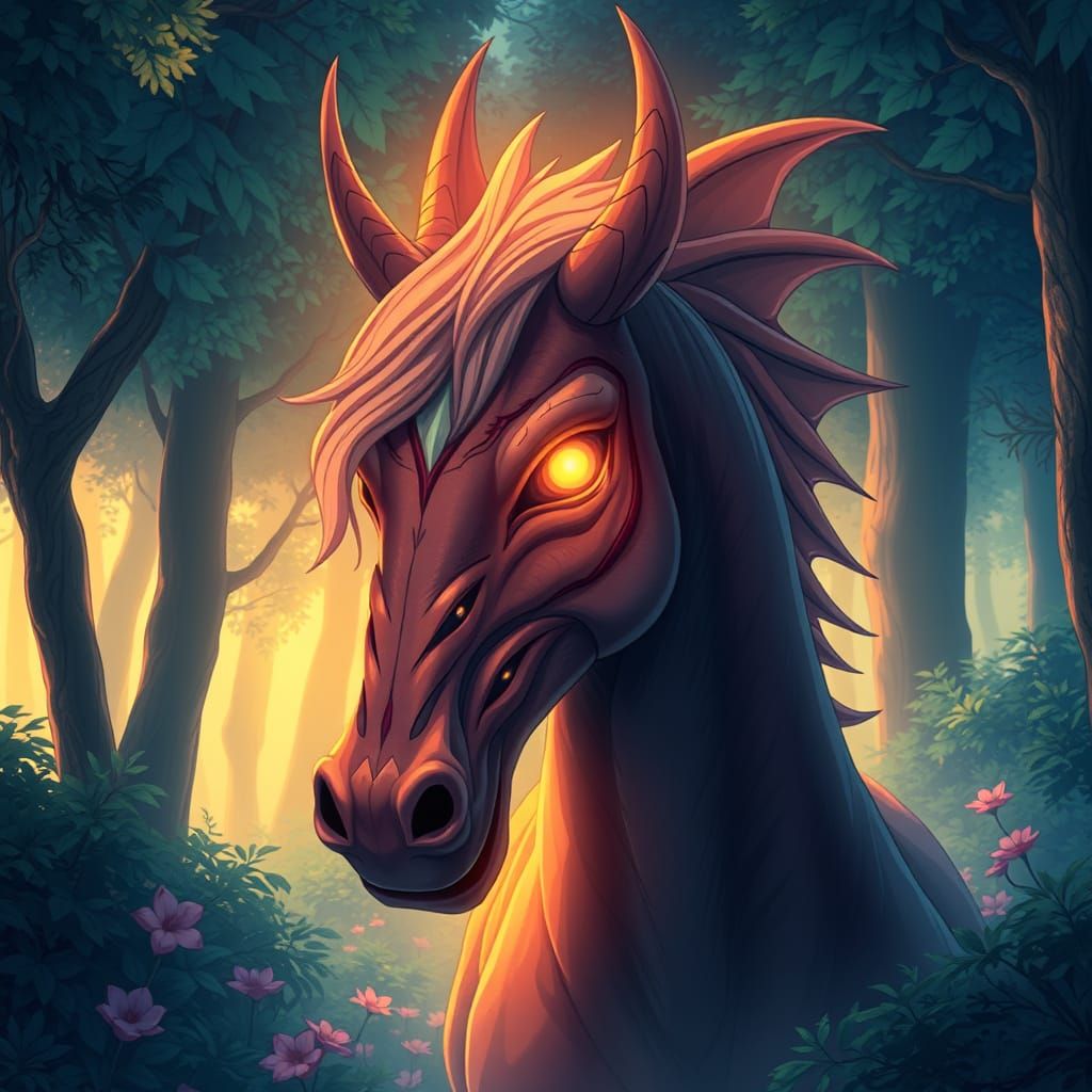 Mystical Demon Horse in Vibrant Forest
