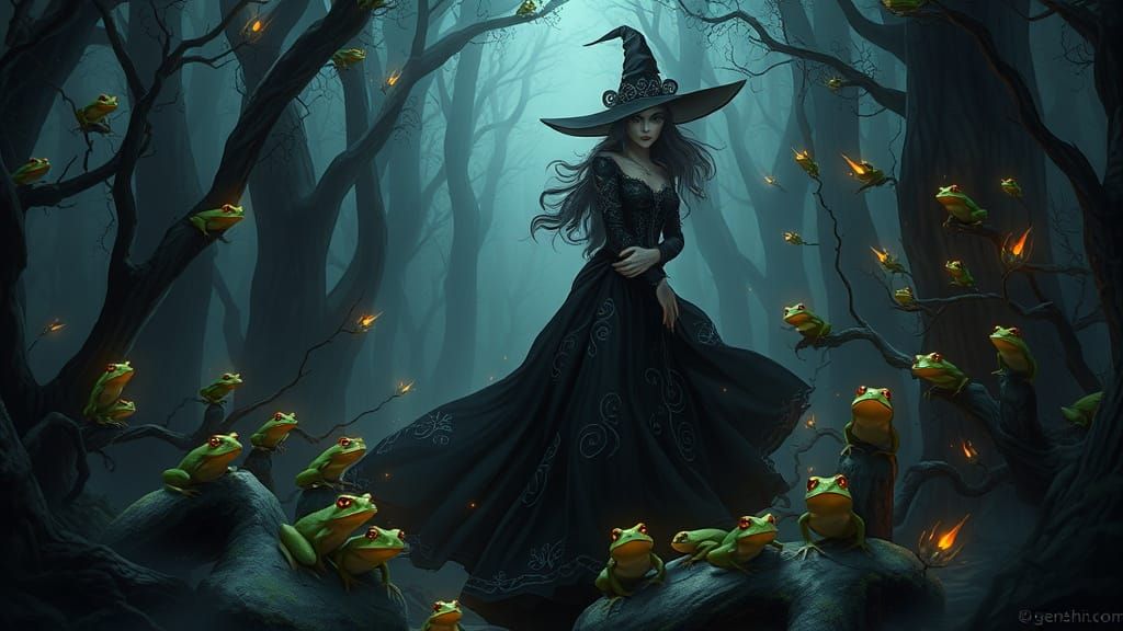 Dark Sorceress Surrounded by Iridescent Frogs in a Mystic Fo...