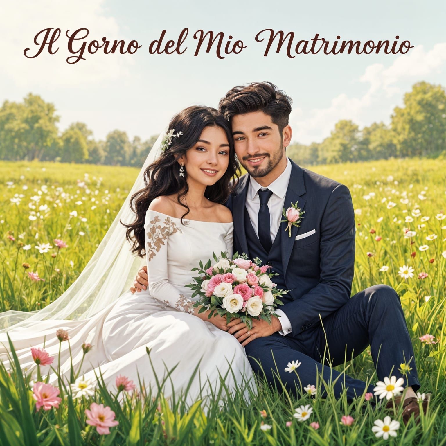 Happy Couple on Wedding Day in Sunny Field