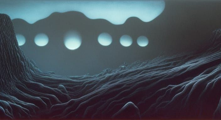 Eerie Warped Landscape with Blood Ocean and Eclipse