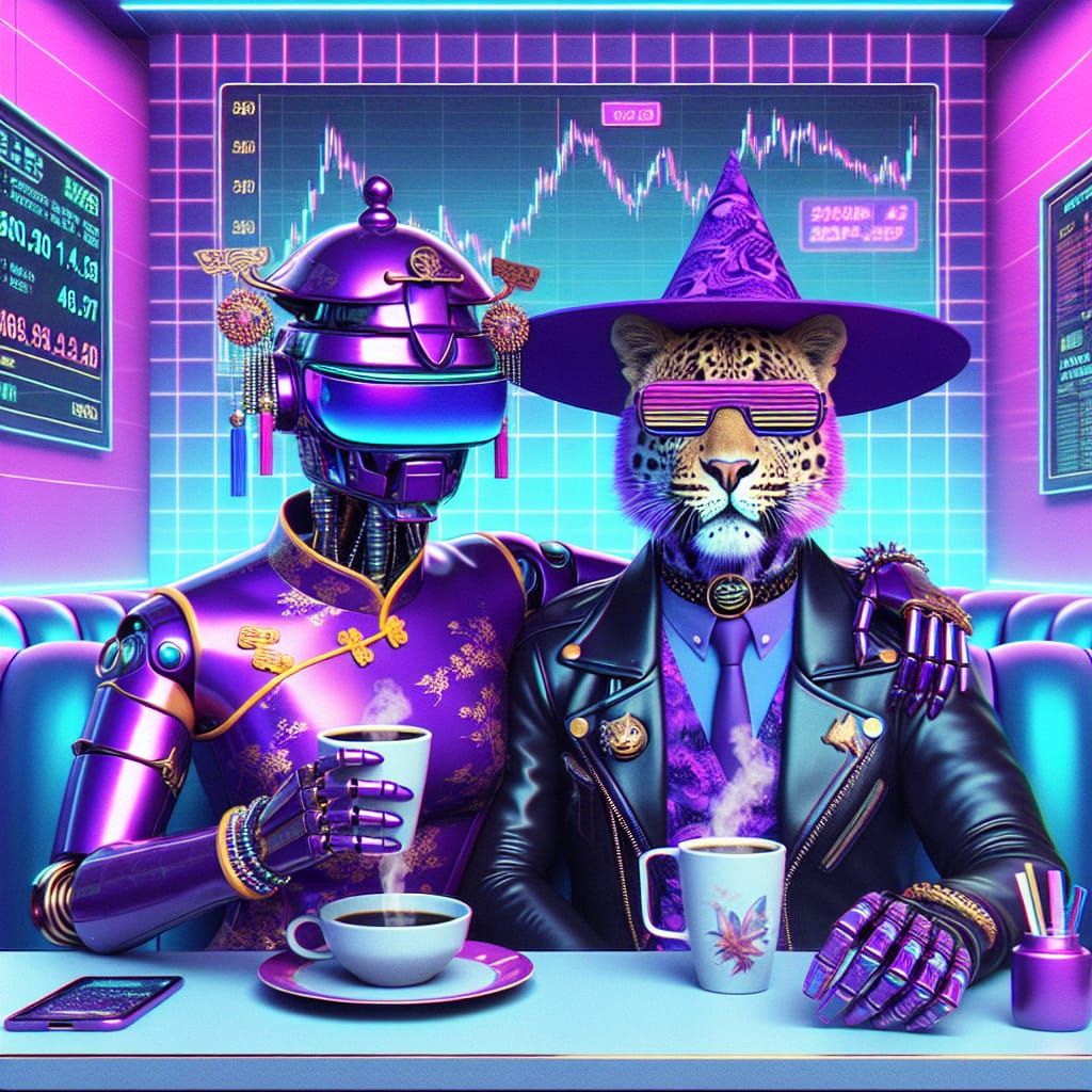 Vaporwave Robot and Leopard Enjoying Coffee