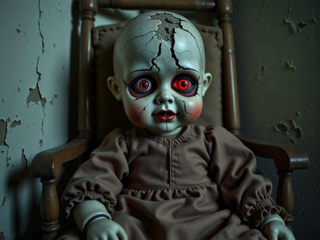 Creepy Doll with Glowing Eyes in Abandoned Hospital