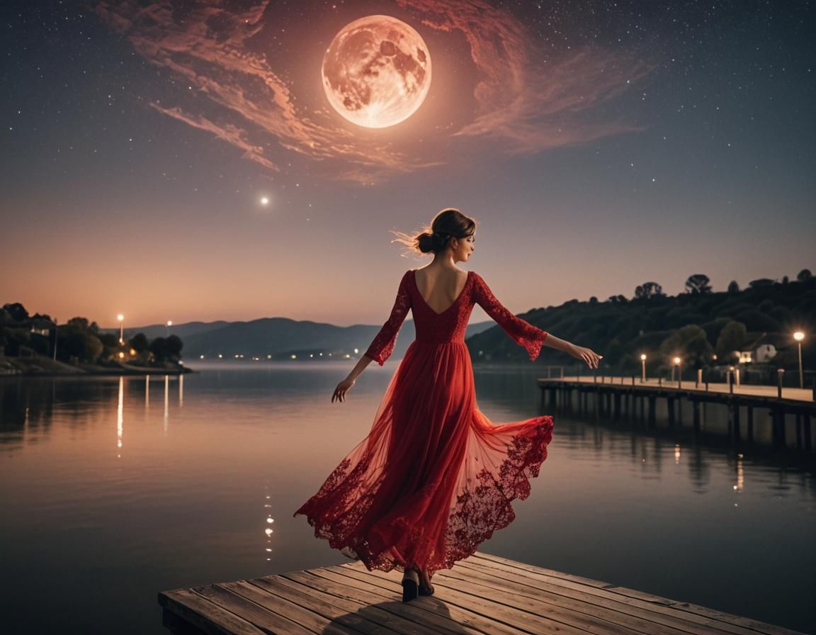 Surreal Oil Painting of Elegant Woman Dancing Under Blood Mo...