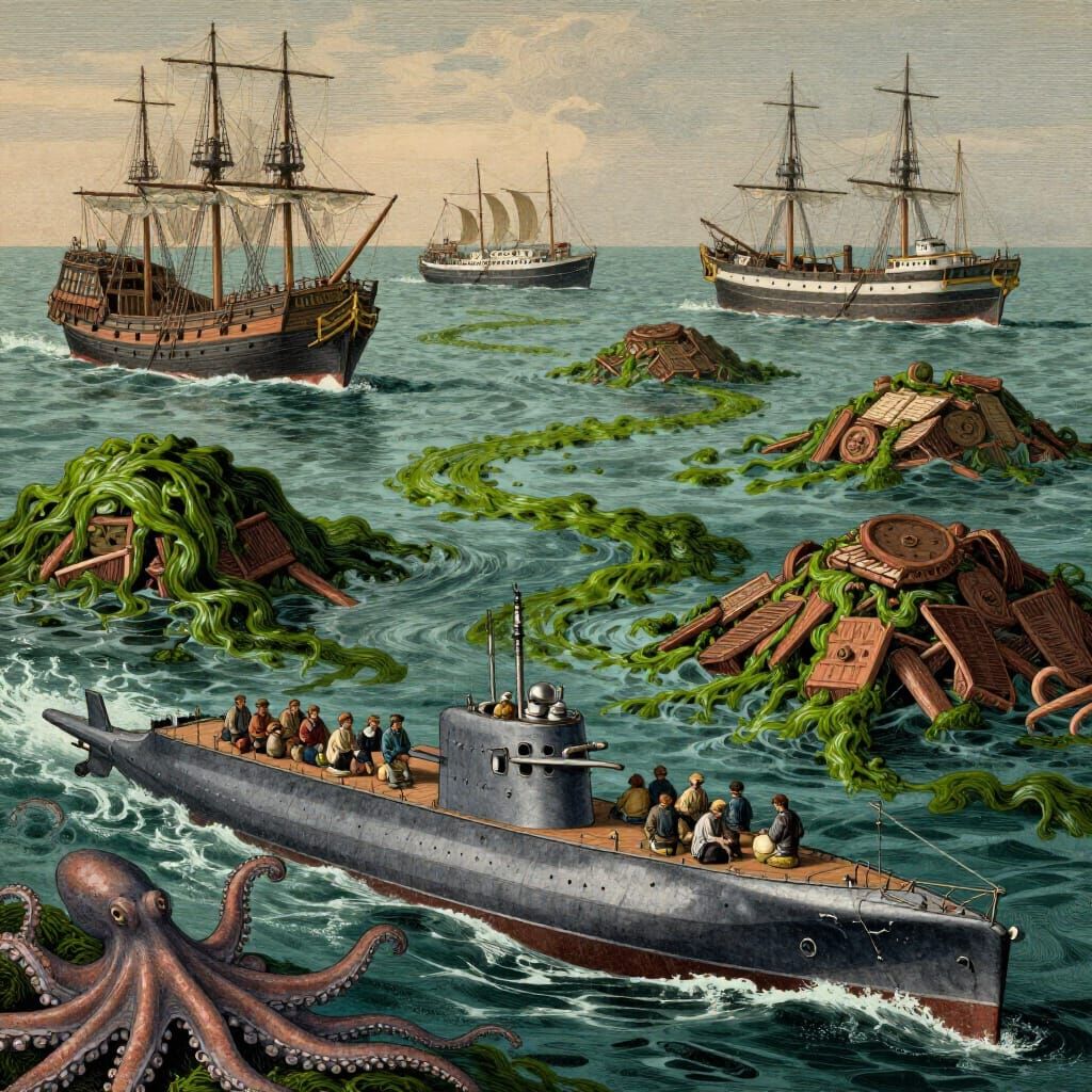 Ocean of Shipwrecks and Giant Octopus in Vintage Ex-Libris S...