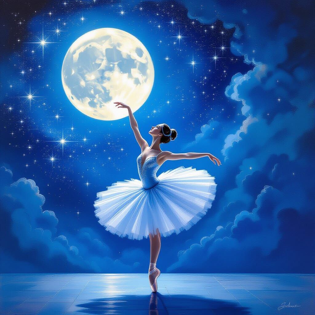 Ballerina Dancing Under Luminous Moonlit Constellations