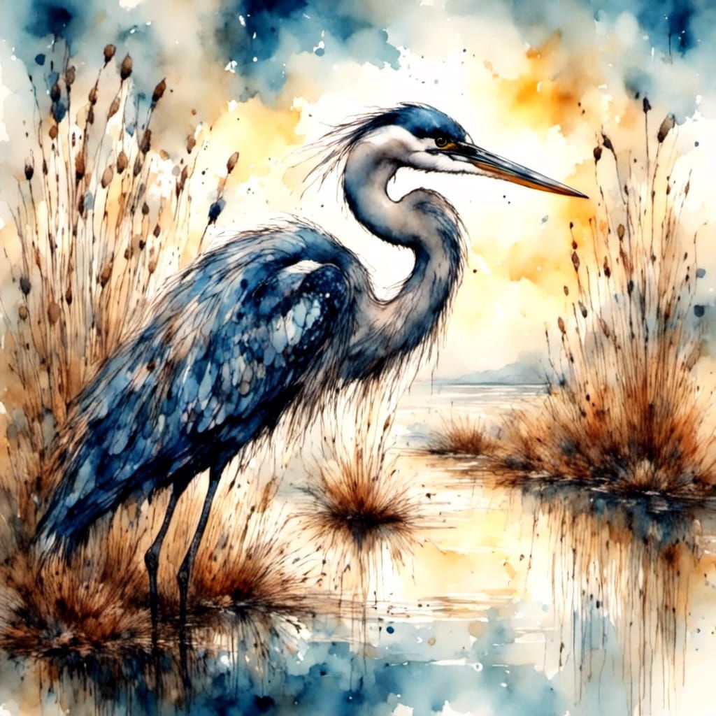 Blue Heron at Sunset: Hyperrealistic Oil Painting