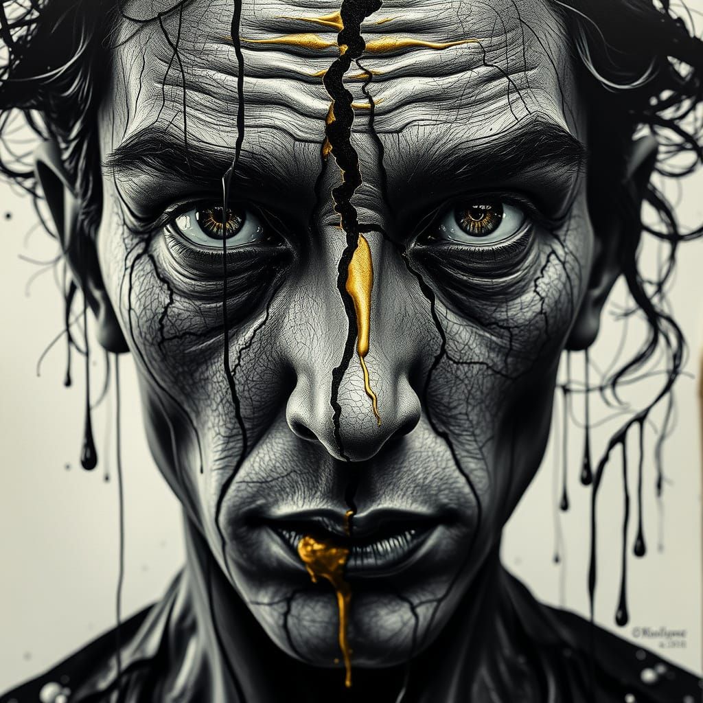 Fractured Faces in Surreal, Glossy, 3D Ink Drawing Style