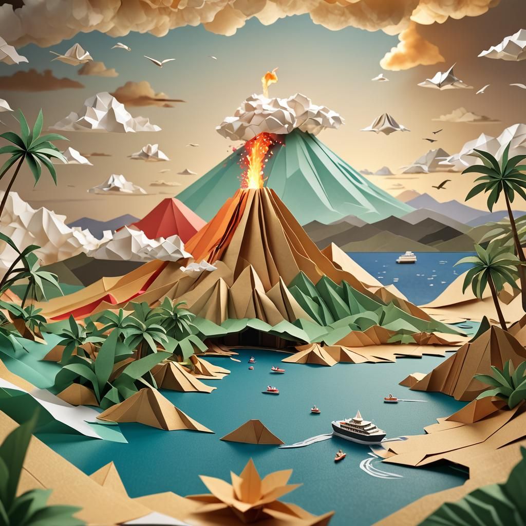 Tropical Island Volcano in Origami Papercraft Style