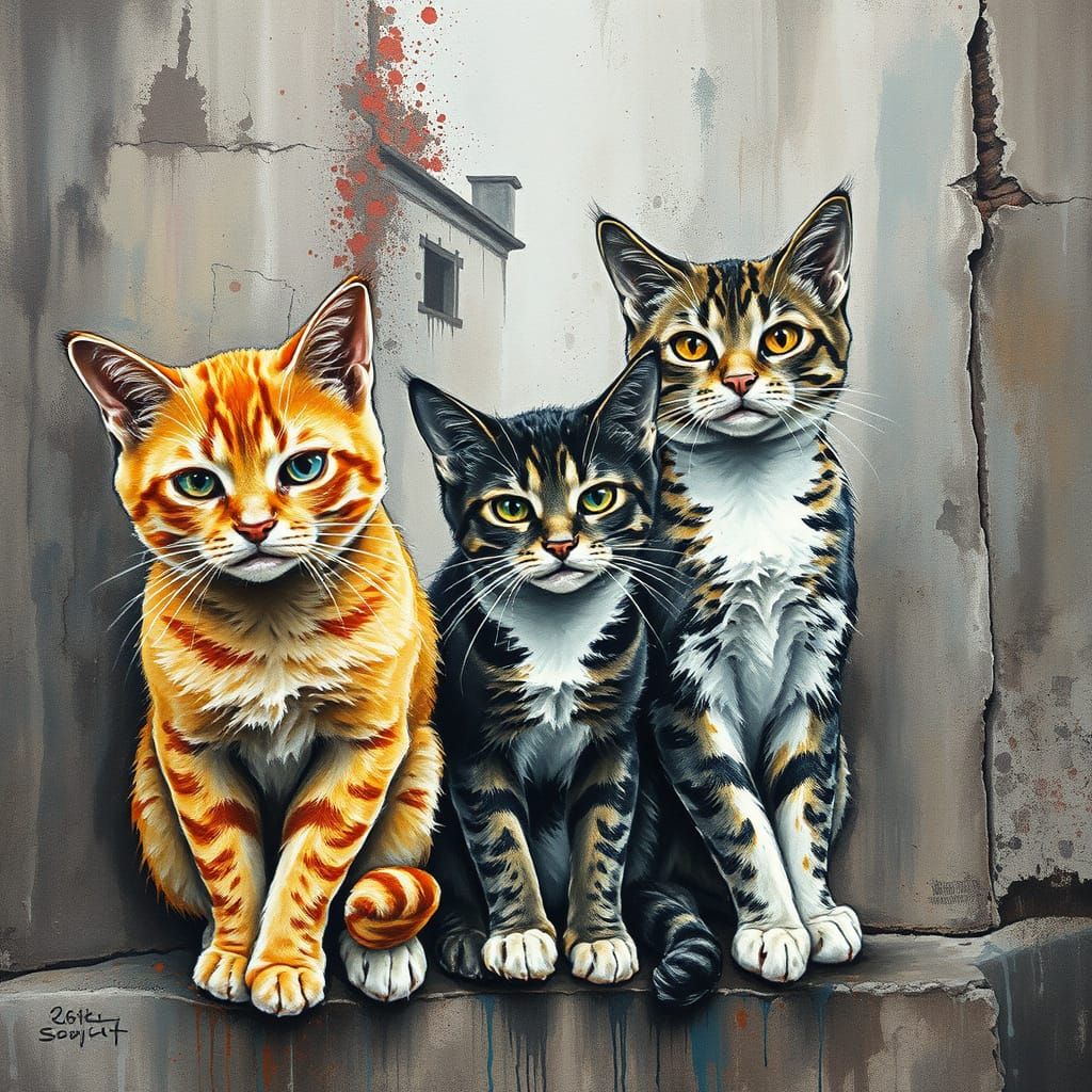 Laughing Cats on a Wall: Gouache Charcoal Drawing
