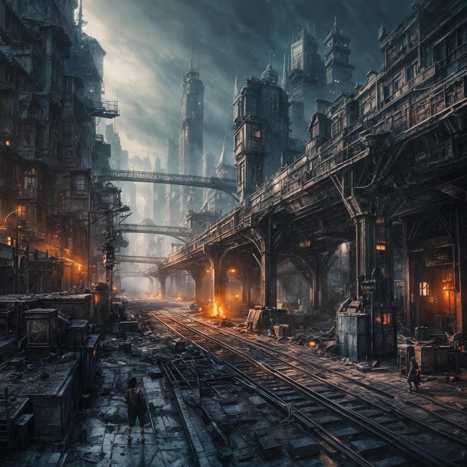 Grunge Cityscape with Young Woman in Intricate Detail