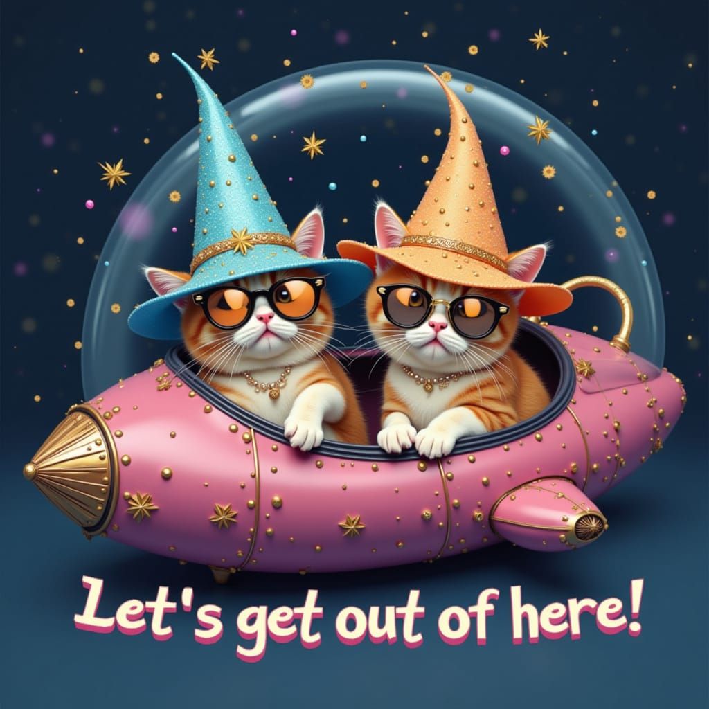 Cats in Spacecraft with Witch Hats Cartoon
