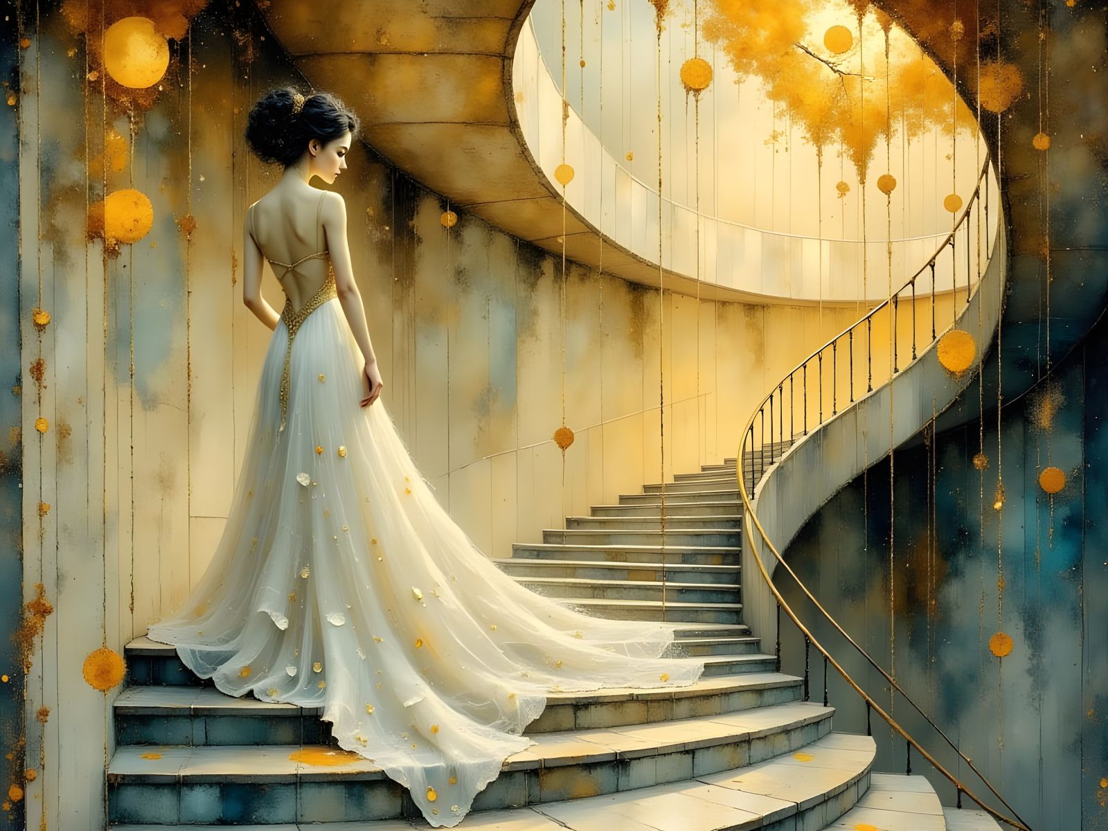 Elegance on a Staircase in Whimsical Art
