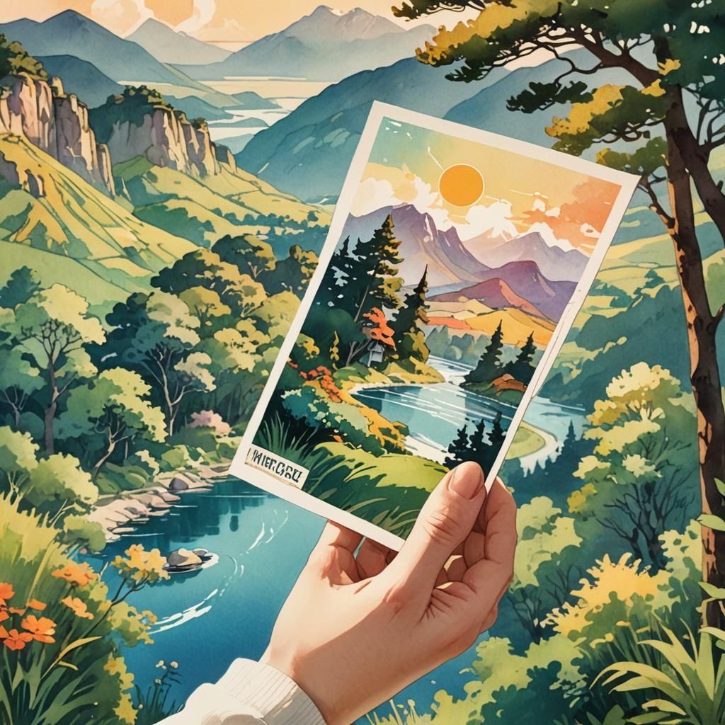 Anime-Inspired Travel Postcard Close-Up with Lady's Hands