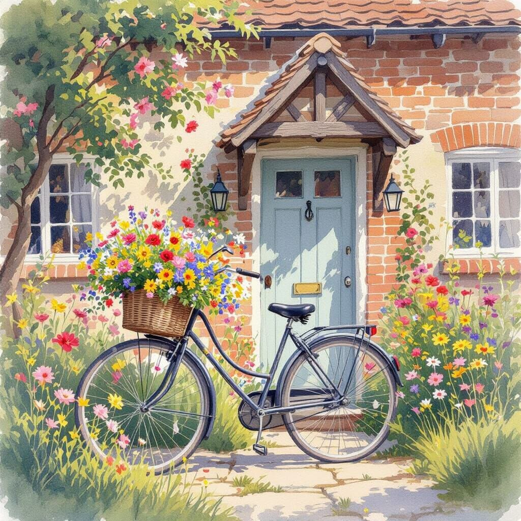 English Cottage with Wildflowers and Bicycle in Watercolor