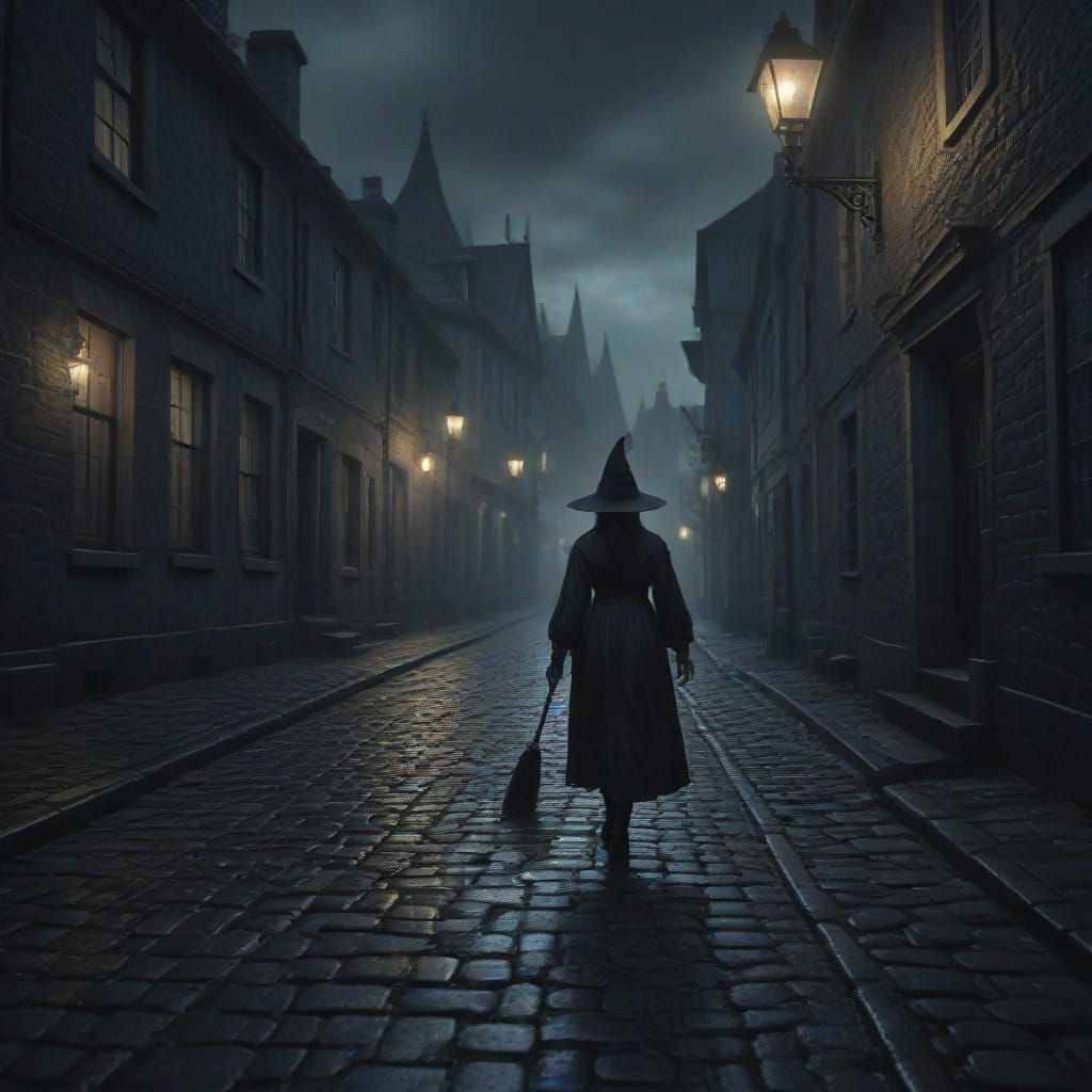 Lone Witch on Wet Cobblestone Street Under Gaslight