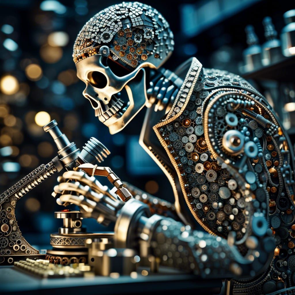 Skeleton Scientist with Microscope in Mosaic Style