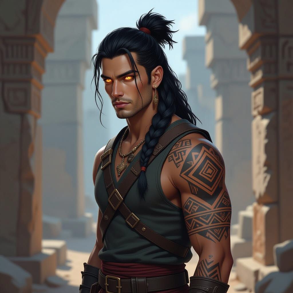 Adventurer Kael Thorne in Ancient Ruins, Atmospheric Style