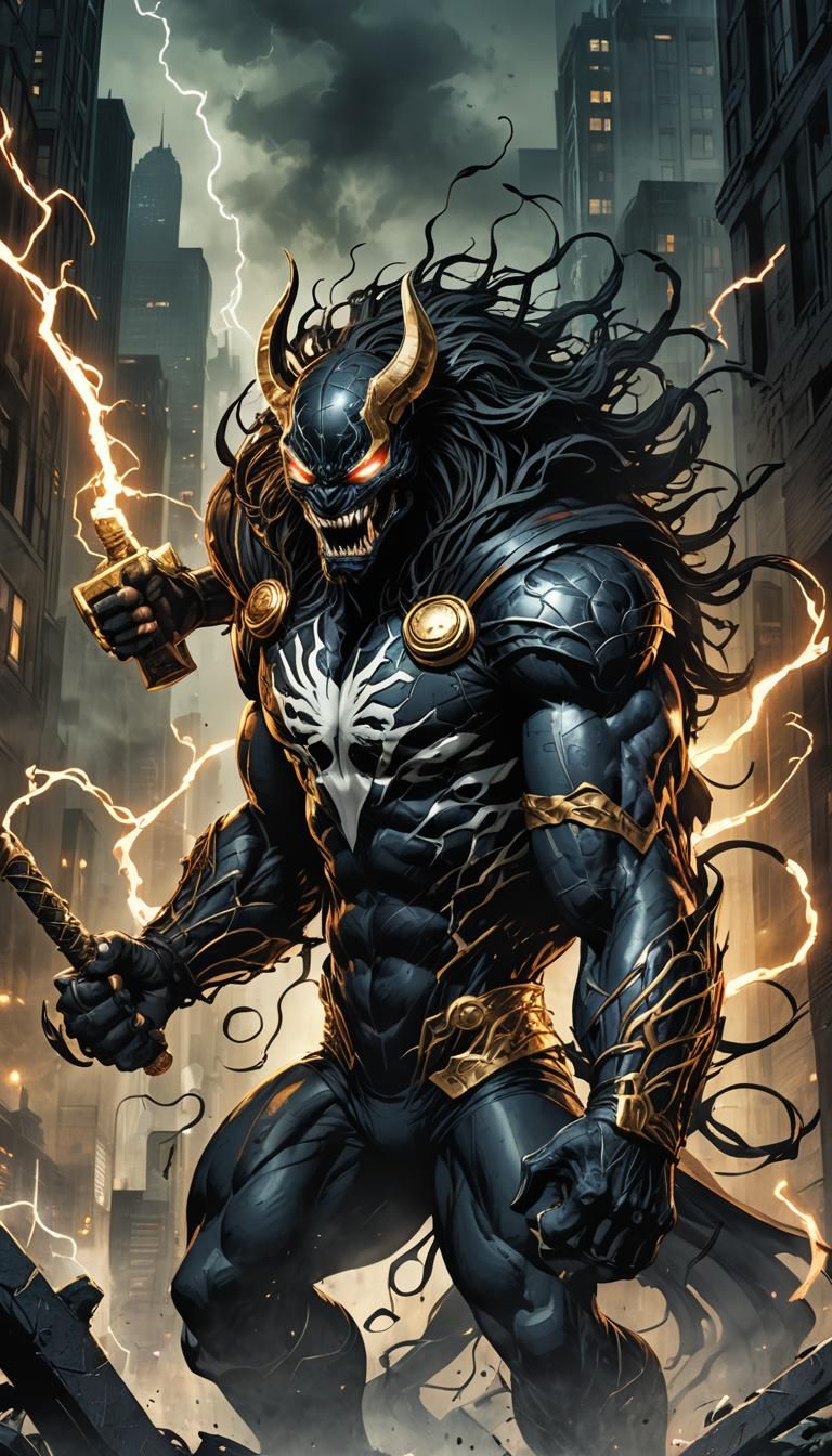 Venom-Thor Hybrid Hero in Comic Book Style