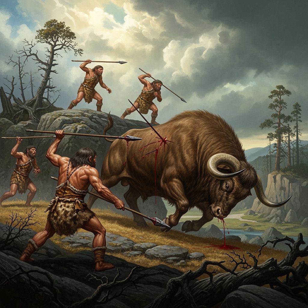 Neanderthal Hunters Lancing Auroch in Dramatic Scene