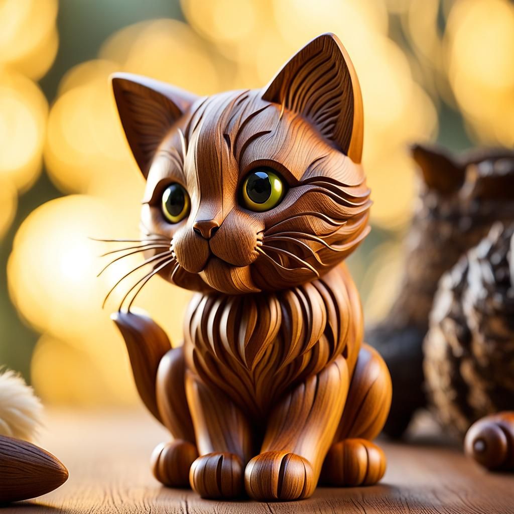 Intricate Wooden Cat Carving with Playful Pose