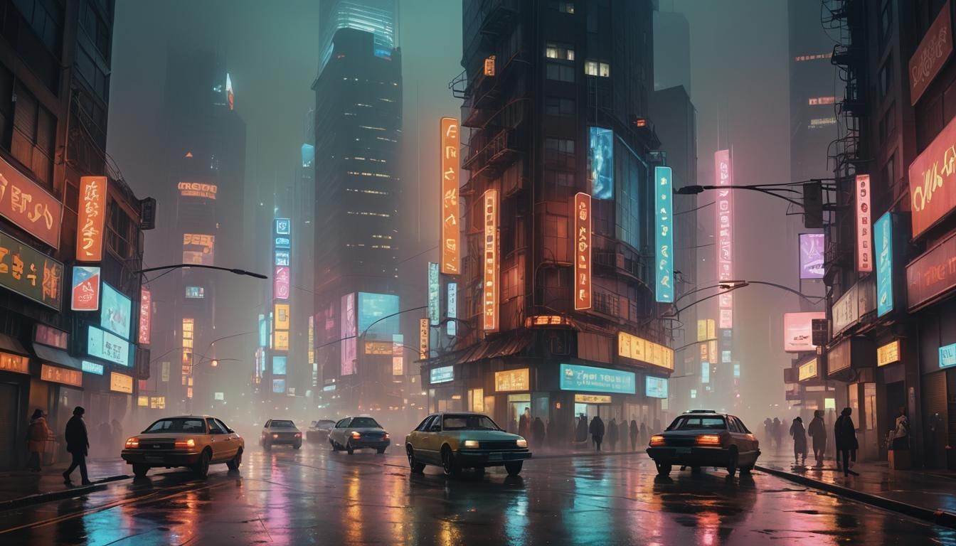 Retro-Futuristic Cityscape with Neon Lights in Fog