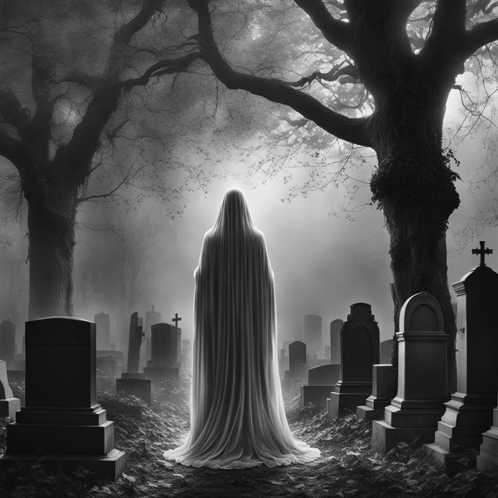 Ethereal Ghost in Cemetery with Volumetric Lighting