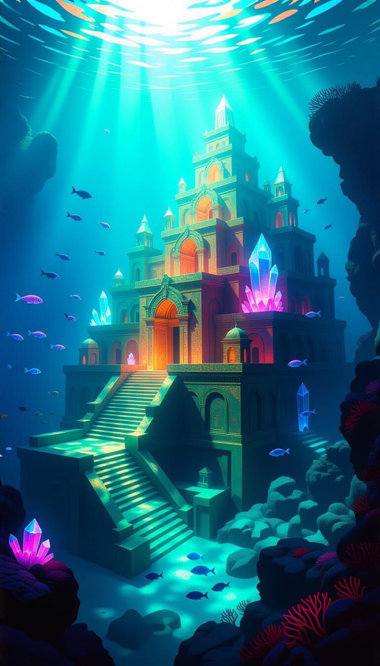 Lost Coral City on Ocean Floor with Marine Life