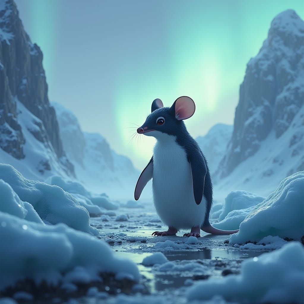 Majestic Icy Hybrid, Mouse-Penguin Marvel in Frosty Dreamsca...