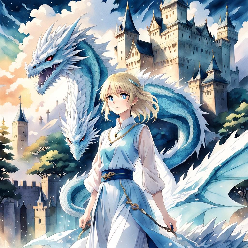 Anime Woman with Ice Dragon Before Castle