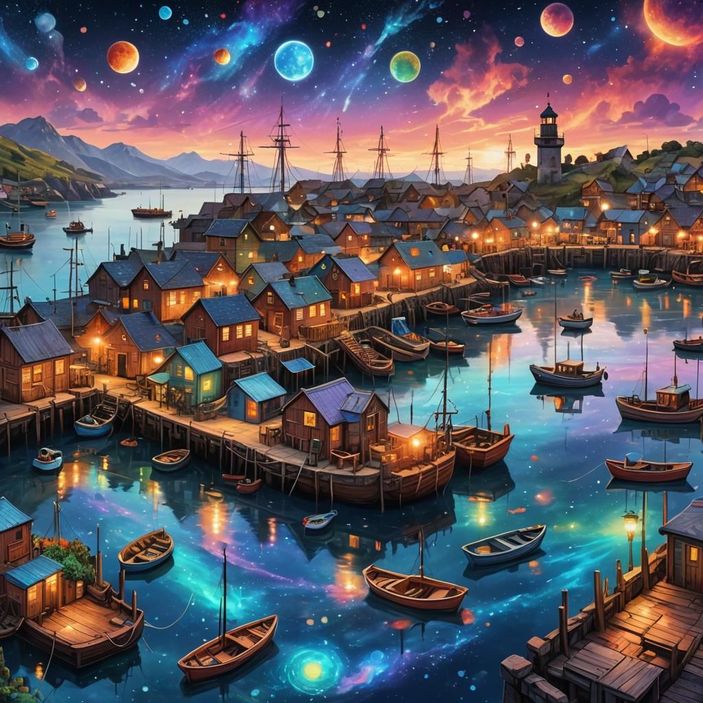 Holographic Astral Fishing Harbor by Pablo Amaringo