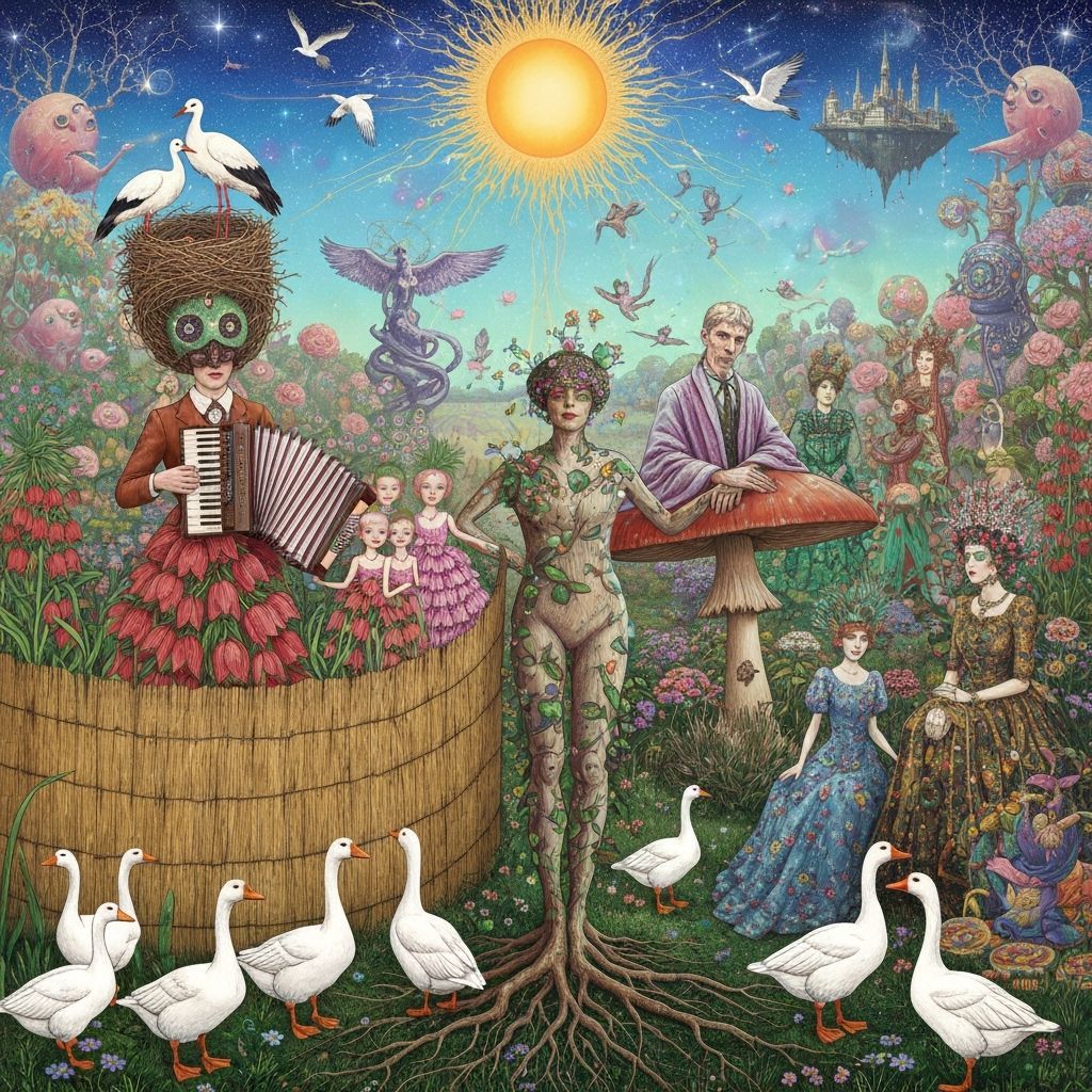 Folkloric Robot with Twins in Surreal Eco-Art Garden