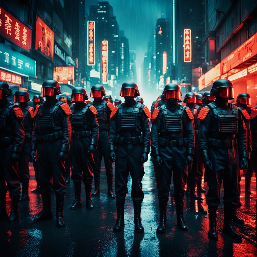 Futuristic Army in Dystopian City, Film Noir Style
