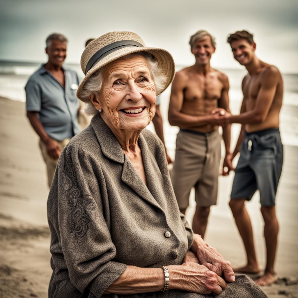 Smiling Woman Surrounded by Admirers: Hyperrealistic Postcar...