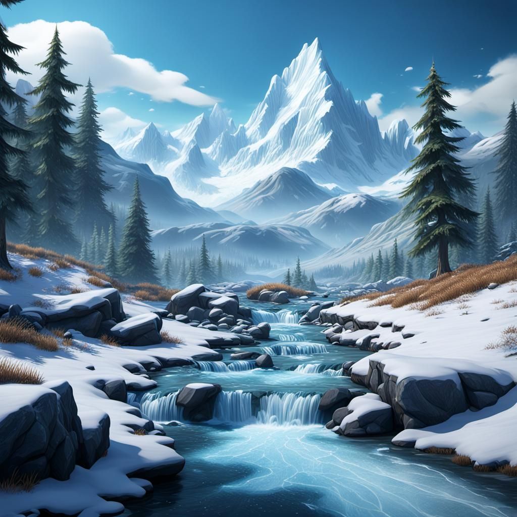 Icy Mountain Stream in Winter: Detailed Matte Painting