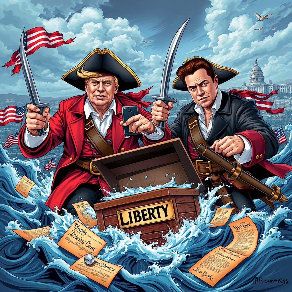 Trump and Musk as Swashbuckling Pirates Pillage Liberty