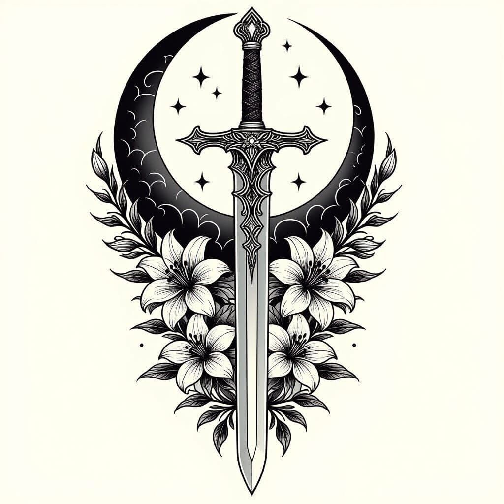 Sword and Moon Tattoo Design in Fine Line Style
