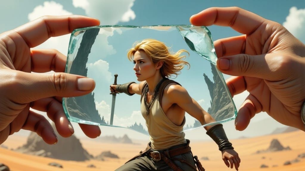 <lora:Nivis:1.0> fantasy scene :: A hyperrealistic VFX-style close-up of two human hands delicately holding a rectangul...