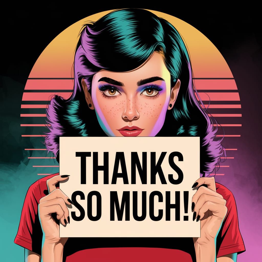 Retro-Futuristic Pin-Up Illustration of Woman with Sign