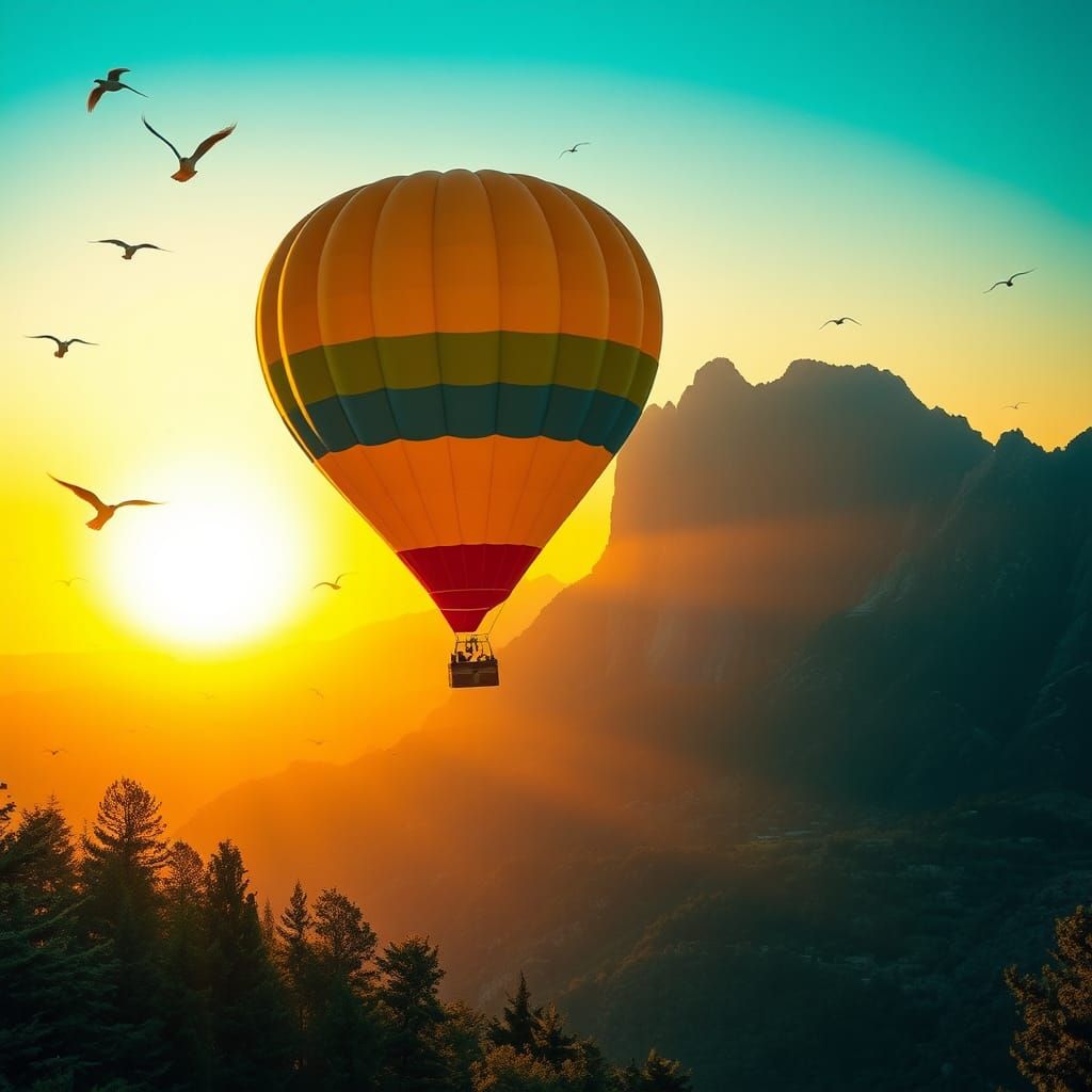 Vibrant Hot Air Balloon Over Mountain Sunset