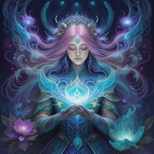 Celestial Woman in Bioluminescent Forest, Impasto Gouache