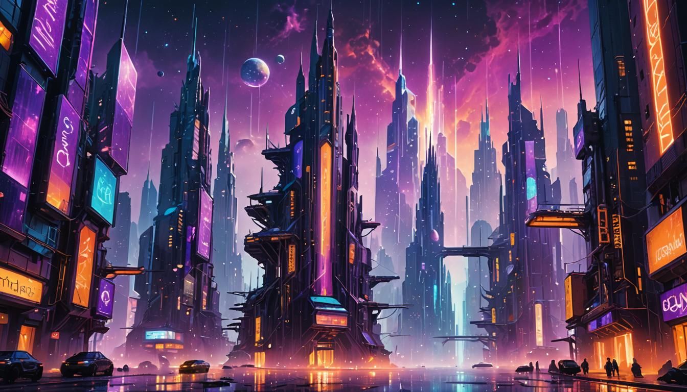 Futuristic Metropolis Floating on Nebula, Sci-Fi Concept Art
