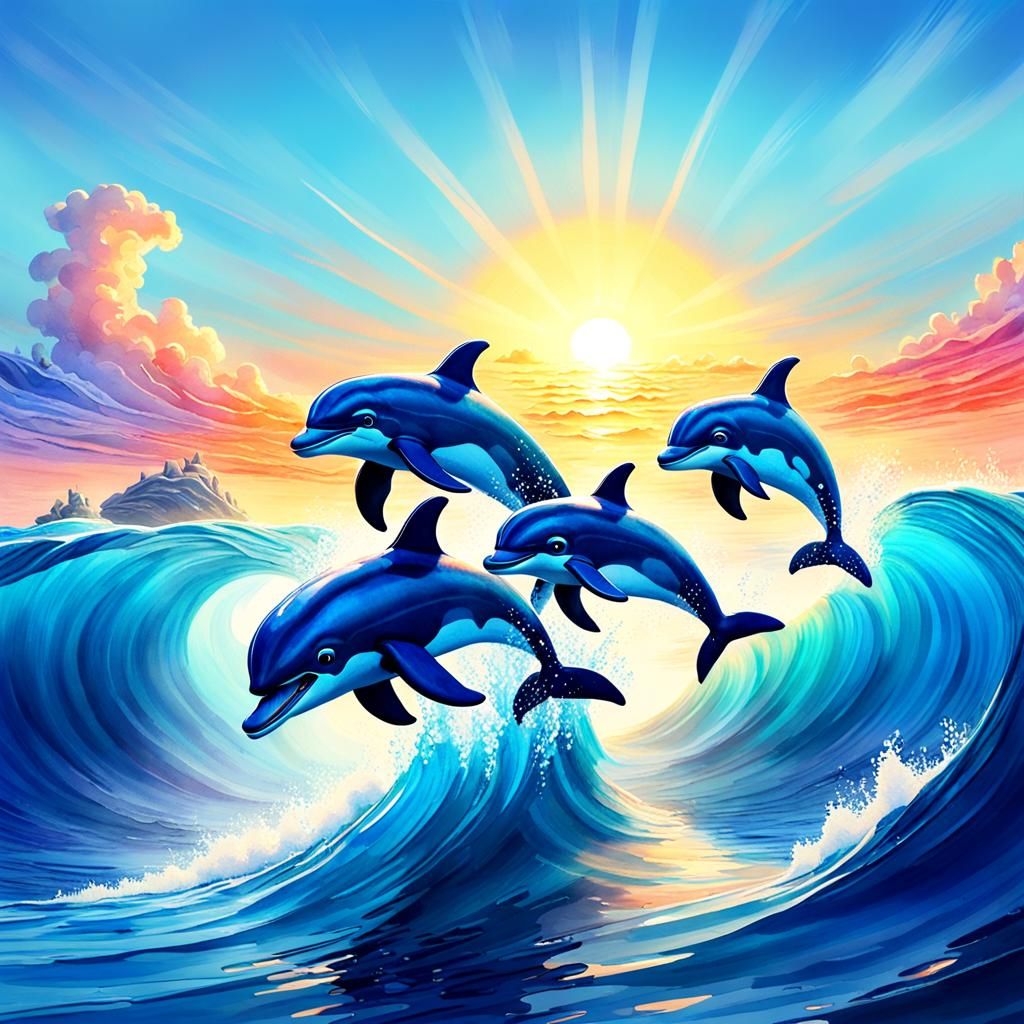 Blue Dolphins Diving at Sunrise in Watercolor Style