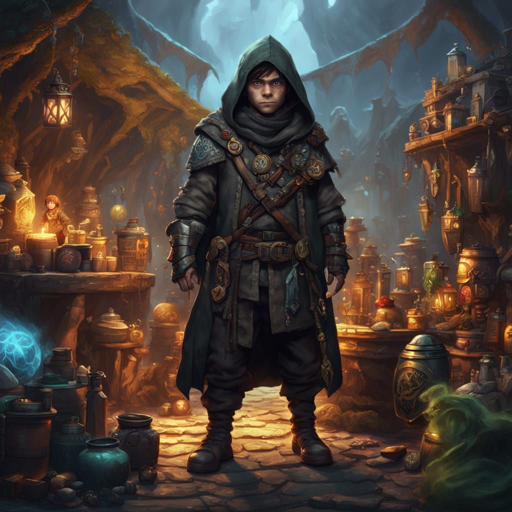 Halfling Rogue with Magical Items in Matte Painting Style