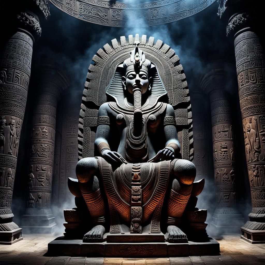 Monumental Mummified Naga on Stone Throne