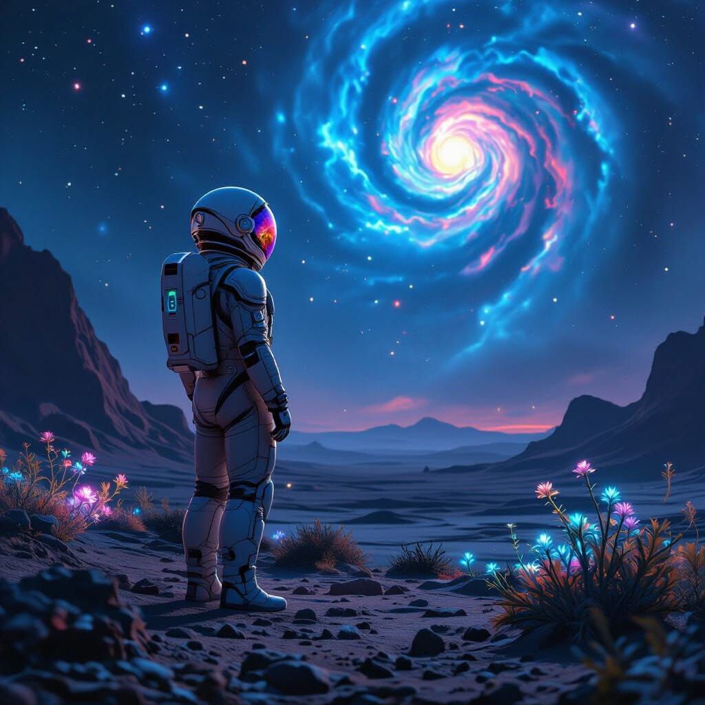 Astronaut Gazing at Nebula on Alien Planet in Sci-Fi Style