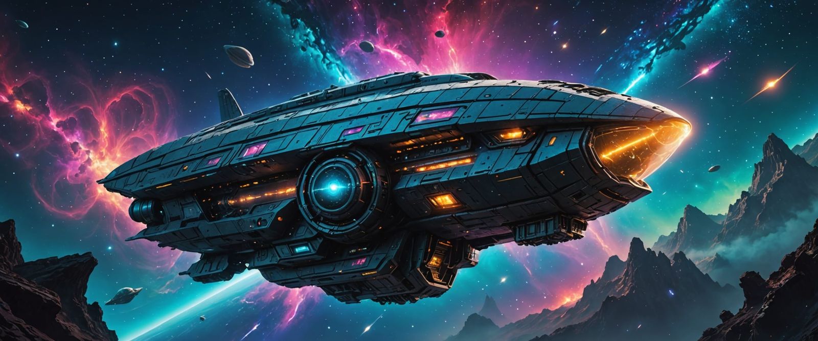 Bioluminescent Alien Spaceship Soars Through Nebula