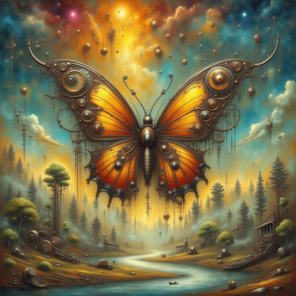 Imagine a surreal landscape where time flows backward. River...